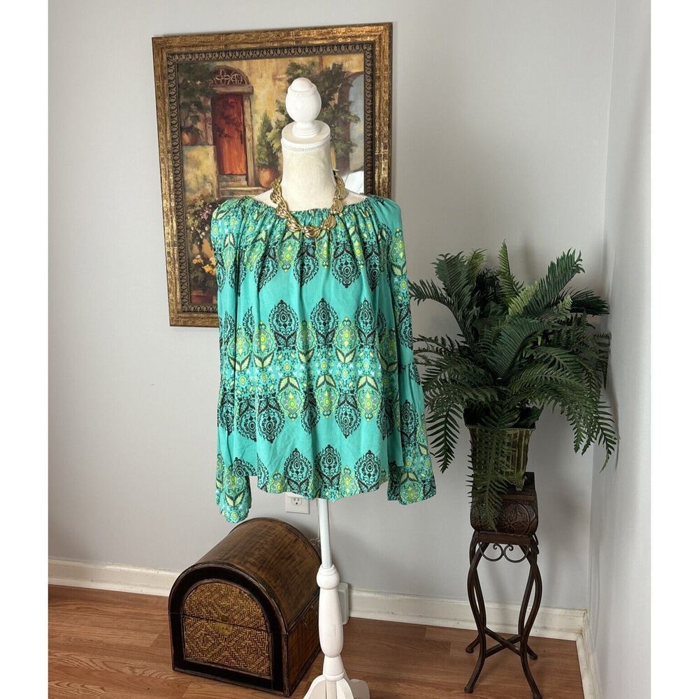 NEW‎ DIRECTIONS Women Size M Elastic Off Shoulder Green Long Bell Sleeve Blouse